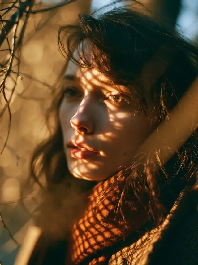 A person's face and coat illuminated by a lattice of sunlight filtering through bare tree branches in late autumn, with visible breath in the cold air and a soft, bokeh background.