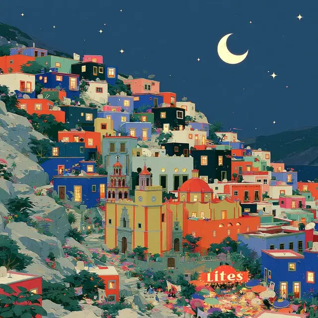 Vibrant flat gouache illustration with dense, colorful details, blocky shading, and a contrasting palette of reds and greens.