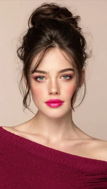 Close-up beauty portrait of a young woman with a messy bun, freckles, and striking hot-pink lipstick, wearing an off-the-shoulder top against a neutral background.