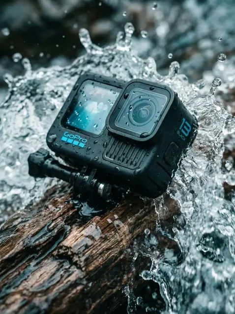 A matte black action camera with water droplets, tilted dynamically and partially submerged in rough, flowing water.