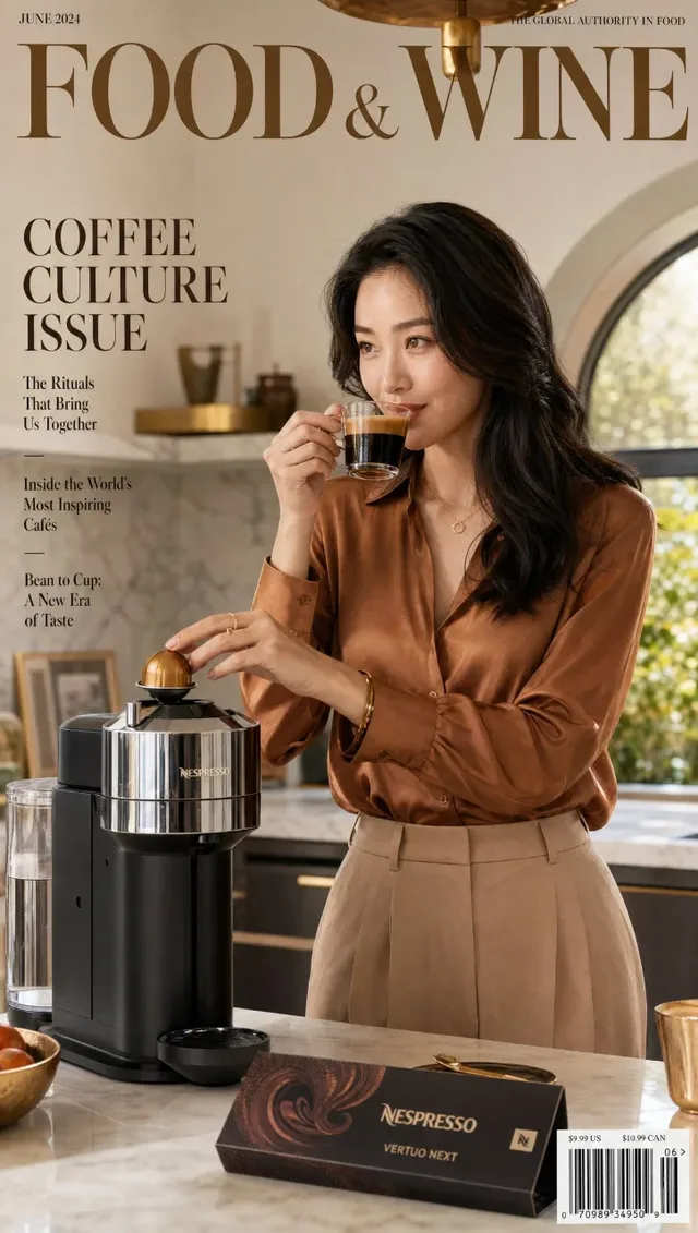 Ultra-realistic magazine cover: Stylish Korean woman with terracotta lips and loose waves sips Nespresso coffee in a modern kitchen, warm morning light.