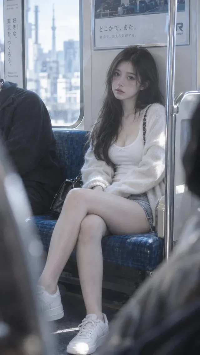 Adult Taiwanese female influencer with fair skin and freckles, wearing a cardigan and hot pants, seated on a Tokyo subway seat, looking at the camera in a relaxed pose, captured with soft focus and cool blue tones.