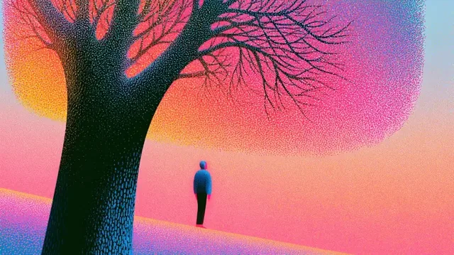 A lone figure stands beneath a large, stylized tree in a surreal landscape with a vibrant stippled texture.