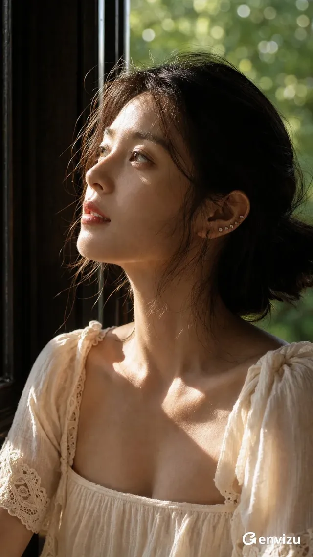 A realistic, artistic bust portrait of a young East Asian woman with an oval face, long dark hair in a low bun, and delicate silver earrings. She looks thoughtfully out of frame to the upper left. Golden afternoon light streams in from a window, illuminating her face and shoulder, creating a contrast with the blurred green forest background.