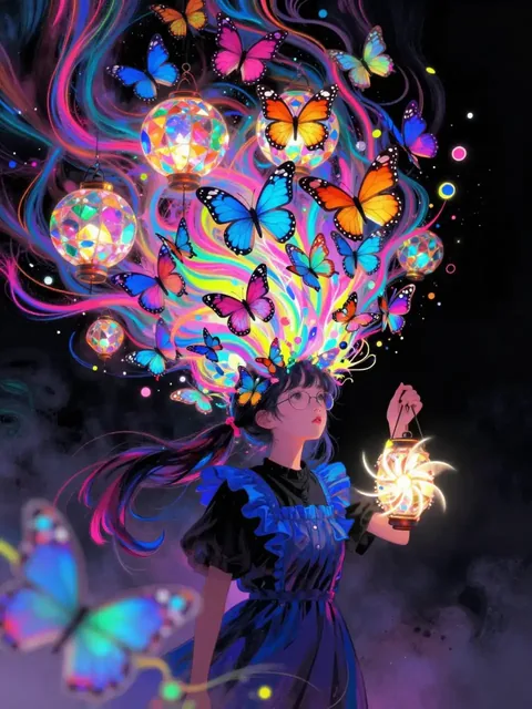 Silhouette of a person's head with colorful butterflies flying out in a dynamic composition against a black background.