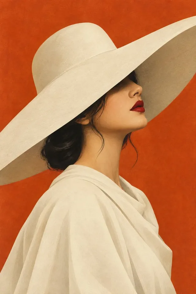 Elegant woman in profile wearing a large white hat and ivory dress against a terracotta background, minimalist fashion illustration.