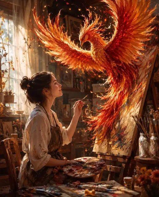 A young female painter in an art studio watches a mythical firebird made of paint rise from her canvas, with embers and smoke filling the air.