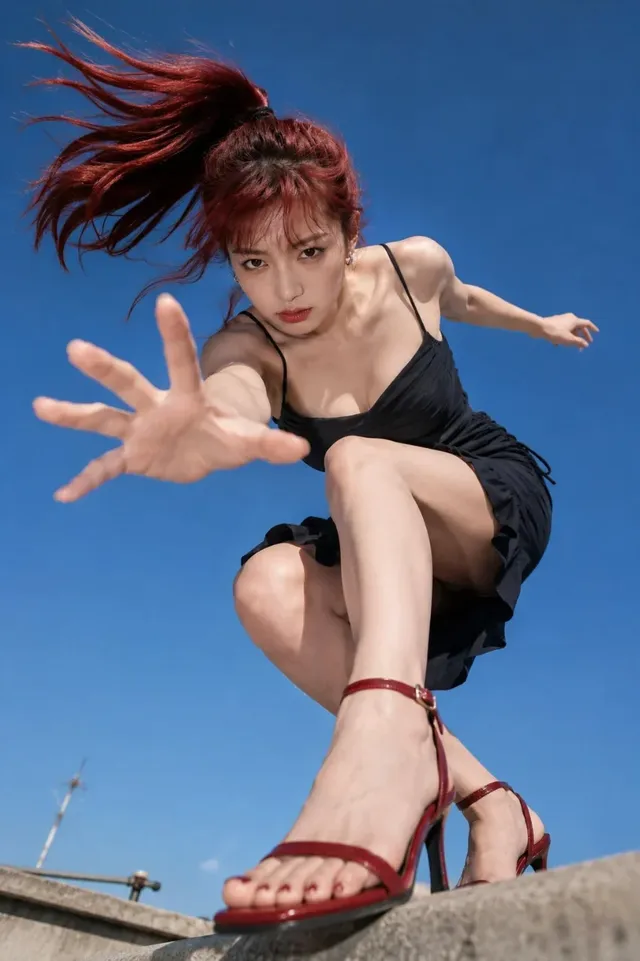Ultra-low-angle, wide-lens shot of a young East Asian woman with wine-red hair lunging towards the camera, her hand and legs appearing huge in the foreground as she tries to grab a phone.