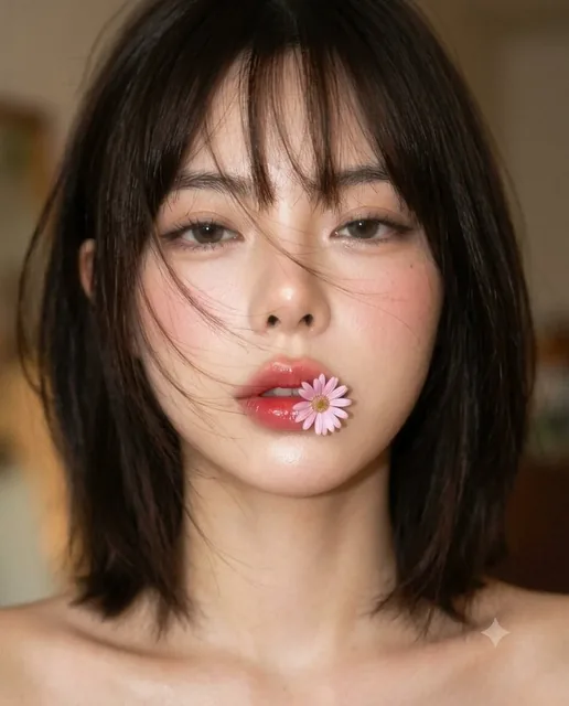 Dreamy early 2000s close-up portrait of a woman with a short dark bob, holding a pink daisy between her lips, captured with extreme motion blur and soft focus from a vintage digita