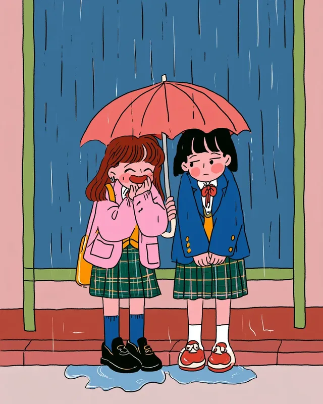 Two young schoolgirls, one laughing joyfully and the other looking glum, stand under a pink umbrella in the rain. They wear school uniforms with plaid skirts and blazers. The style is a flat, whimsical illustration with a soft color palette.
