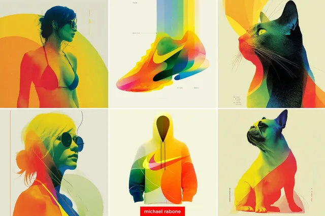 A collage of subjects including a woman in a bikini, a Nike shoe, a cat, a woman with sunglasses, a Nike hoodie, and a French bulldog, all rendered in a vibrant gradient photo illustration style.