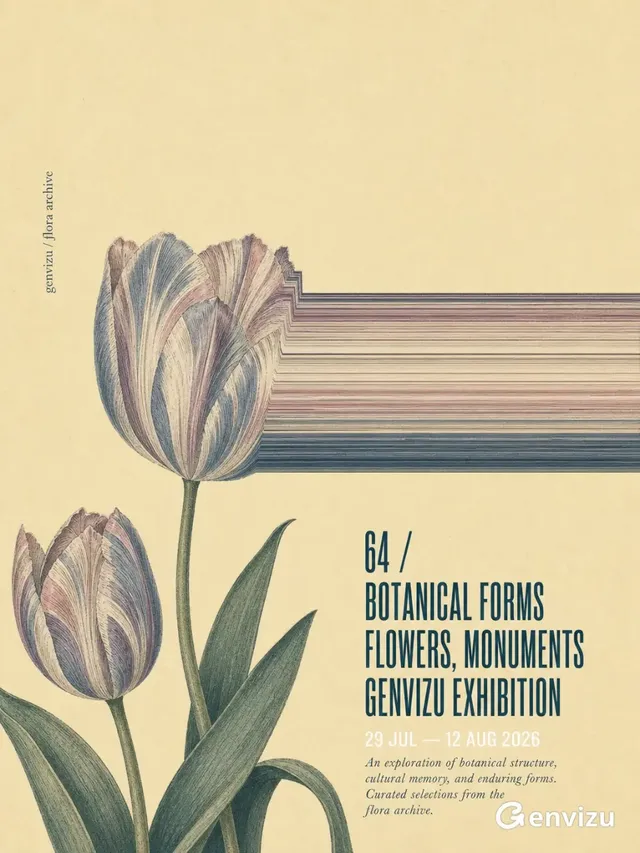 A vertical retro exhibition poster with a cream background, featuring two stylized tulips. One tulip has digital scan lines stretching horizontally across the poster. Exhibition text is placed on the lower right.