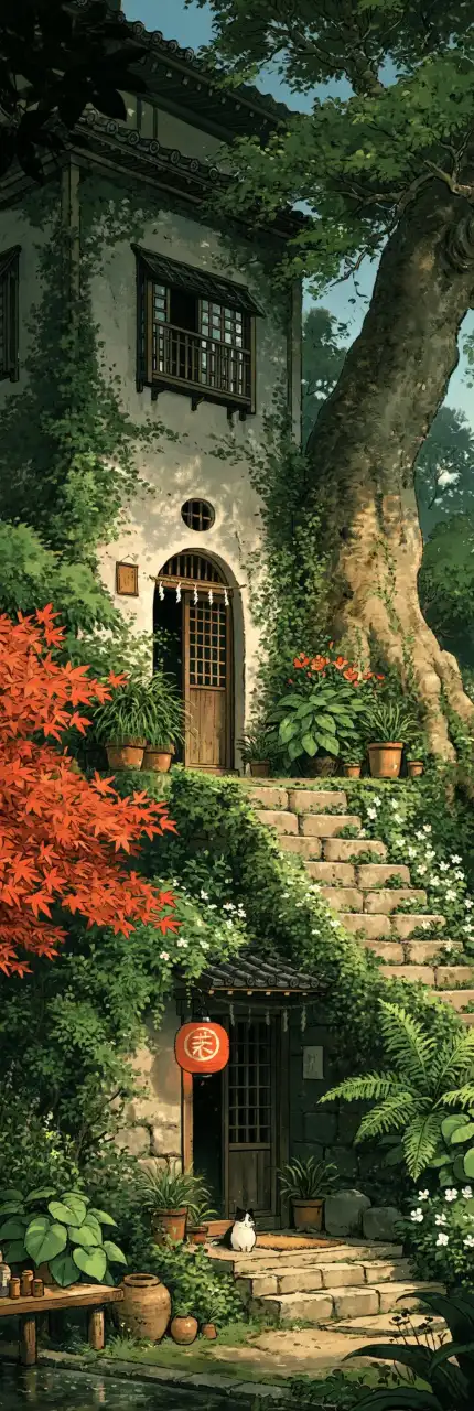 A detailed illustration of a traditional Japanese house entrance surrounded by a lush garden, stone steps, and a large tree.