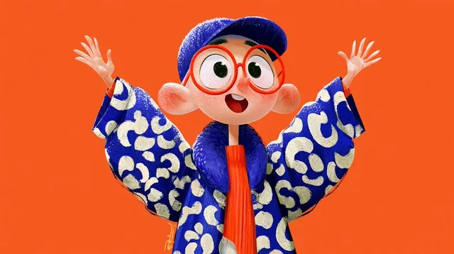 A stylized 3D character with large red glasses and a blue patterned coat, arms outstretched against an orange background.