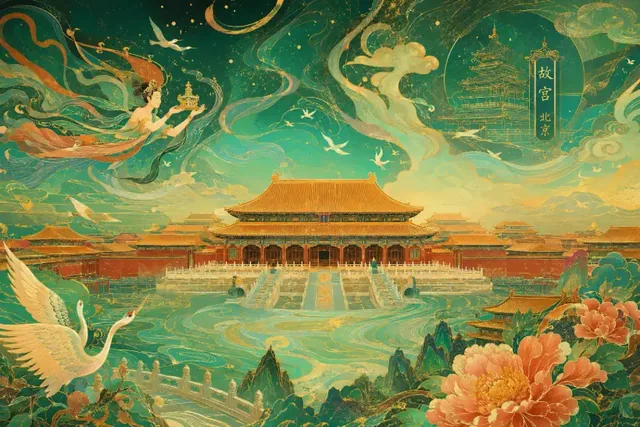 An illustration of a city skyline with golden accents, inspired by Dunhuang art, featuring green gradients and detailed textures.