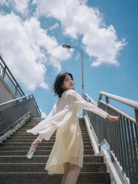 A young Chinese woman with short black hair, wearing a light yellow slip dress, stands barefoot on a wet stone platform by a city fountain at dusk. She is gently touching the water, with a soft expression. The background features soft lights, trees, and blurred figures, with water spray creating a gentle mist.