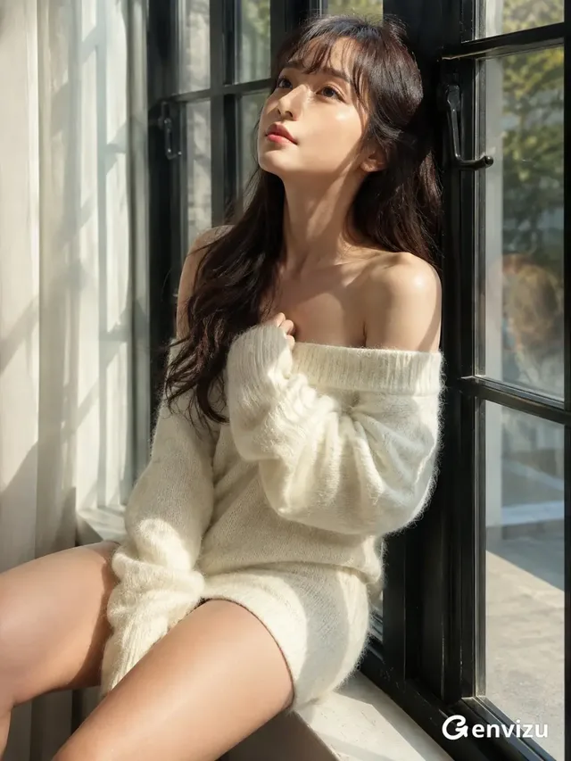A young East Asian woman with long dark hair sits sideways on a windowsill, wearing an oversized ivory knit sweater off her shoulders. Sunlight streams through the window, casting geometric shadows on her face and clothing, contrasting with cool blue-green reflections.