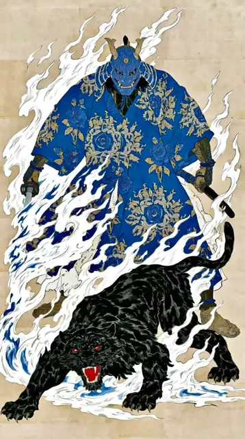 Ukiyo-e style artwork of an Oni Samurai in a detailed kimono and mask, standing beside a menacing black panther with glowing red eyes, surrounded by ghost flames.