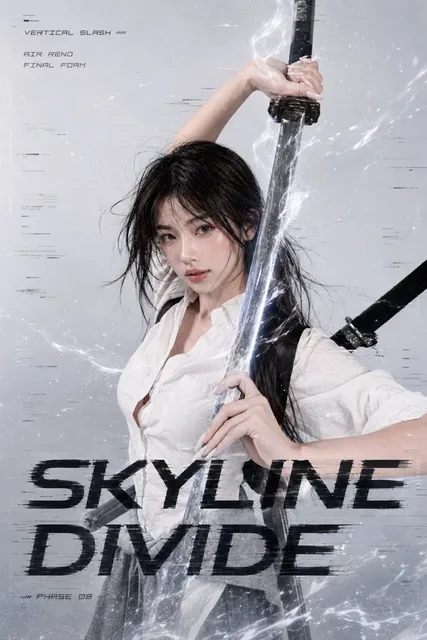 Full body shot of a calm, beautiful Asian woman with black hair, wearing a white shirt and grey cardigan, with two katanas on her back. She holds a glowing, translucent katana in a powerful stance, surrounded by energy effects and debris. Minimalist studio background with bold English text.