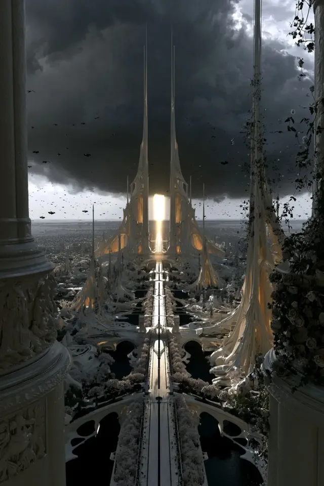 A hyperrealistic 3D render of a sprawling, bio-organic gothic megacity. Symmetrical bone-white biomechanical spires, resembling melted wax or coral, rise towards storm clouds. Twin needle spires dominate the vanishing point. A central boulevard lined with pink cherry blossoms and canals is visible. Dramatic golden sunlight breaks through dark clouds, illuminating the ivory-bone architecture.