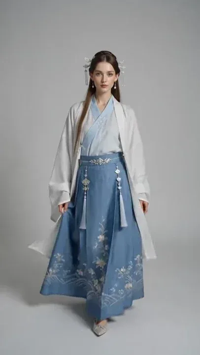 AI-generated model wearing various traditional Chinese Hanfu outfits in a digital fashion show sequence.