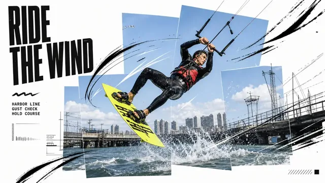 A full-color action shot of a person airborne, fragmented into overlapping tilted panels, with black calligraphic brush arcs, white speed lines, and architectural wireframes.
