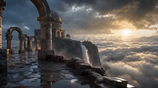 Cinematic video of an ancient observatory on a cliff edge above clouds, with a waterfall cascading into the mist, illuminated by dramatic sunrise golden light.