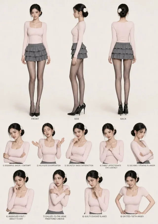 Full body front, side, and back views of a realistic Korean fashion model, alongside nine half-body shots showcasing different expressions like disdain, helplessness, smugness, and anger, all against a plain background.
