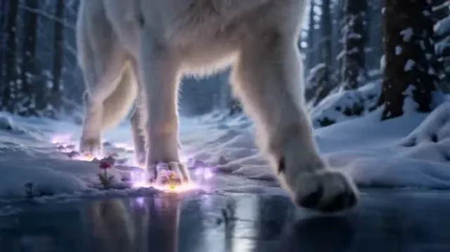 A majestic white Arctic wolf walks through a snow-covered forest, leaving glowing footprints that bloom into colorful wildflowers, transforming the landscape into a magical paradise.