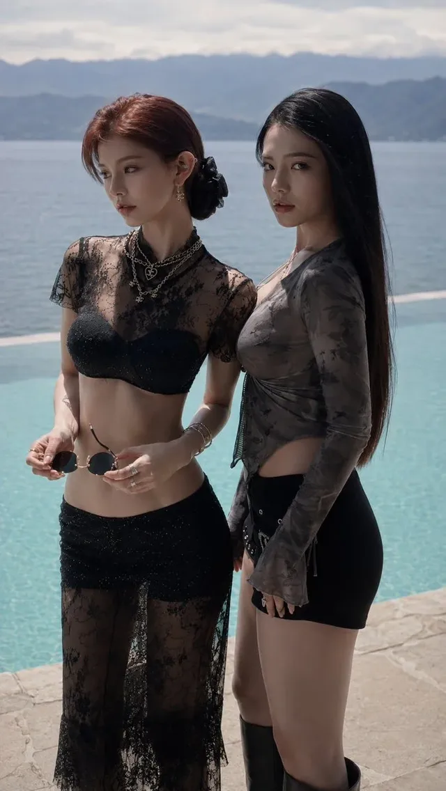 Two East Asian women, one with short reddish-brown hair in a black lace crop top and skirt, the other with long black hair in a semi-sheer grey top and mini-skirt, stand by a luxury infinity pool at a mountain resort. Soft, cinematic light highlights their jewelry and fashion.