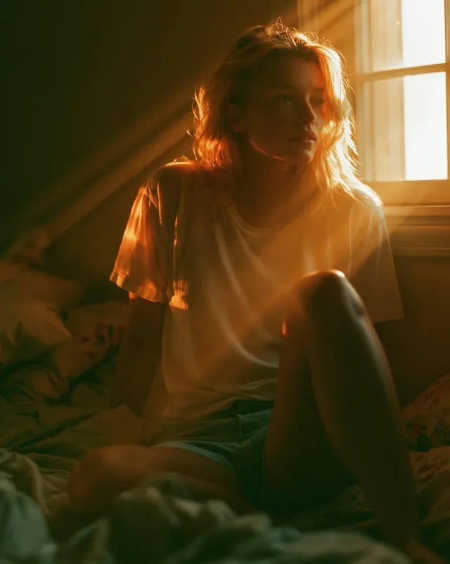 Photorealistic portrait of a young woman sitting on a bed, bathed in warm, diagonal afternoon sunlight streaming through a window, creating highlights and shadows.