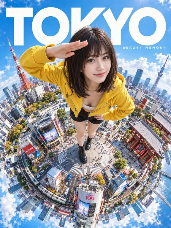 An aerial wide-angle photograph of a person smiling and saluting with San Francisco landmarks below, featuring vast negative space at the top.