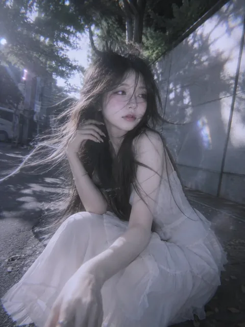 Surreal doll-like young woman with long flowing hair, looking shyly at the camera, with dappled shadows and light leaks.