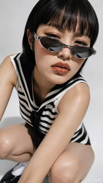 Close-up, low-angle shot of a fashion model with black hair, bangs, and bold makeup, wearing a striped top and sunglasses, giving a disdainful look.