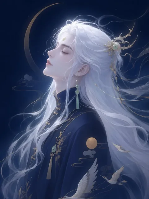 Profile portrait of an androgynous celestial prince with flowing silver hair, closed eyes, and serene expression, wearing a dark navy garment with golden celestial motifs and jade accents.