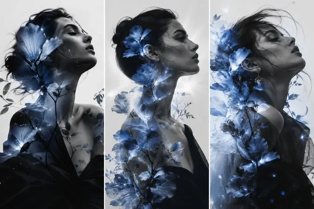 Triptych of three elegant women in monochrome fashion portraits, with translucent blue botanical elements overlaid.
