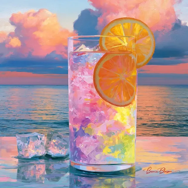 A vibrant, multi-colored cocktail in a glass with ice and orange slices, placed on a reflective surface mirroring the ocean and a colorful sunset sky.