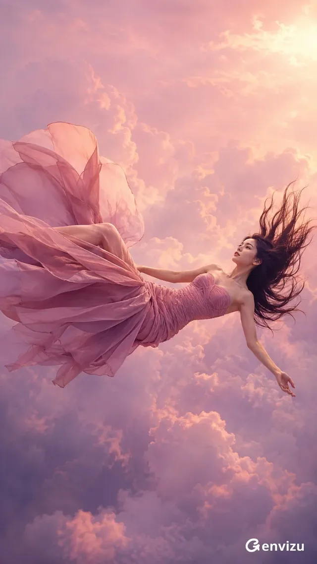A 23-year-old East Asian woman in a dusty-rose pleated couture gown floating horizontally among pink and lilac clouds in a cinematic 9:16 portrait.
