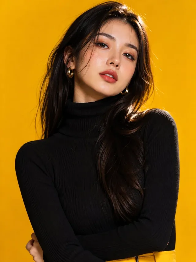 Close-up portrait of a glamorous young Japanese woman with long black hair, wearing a black turtleneck and gold earrings, posing confidently in a fashion studio with a vibrant golden background.