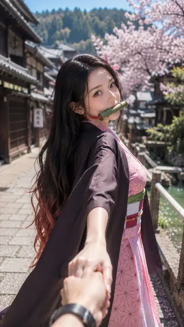 POV shot of Nezuko Kamado from Demon Slayer, holding the photographer's hand and looking back with a beautiful side profile, captured using an iPhone 16 Pro.