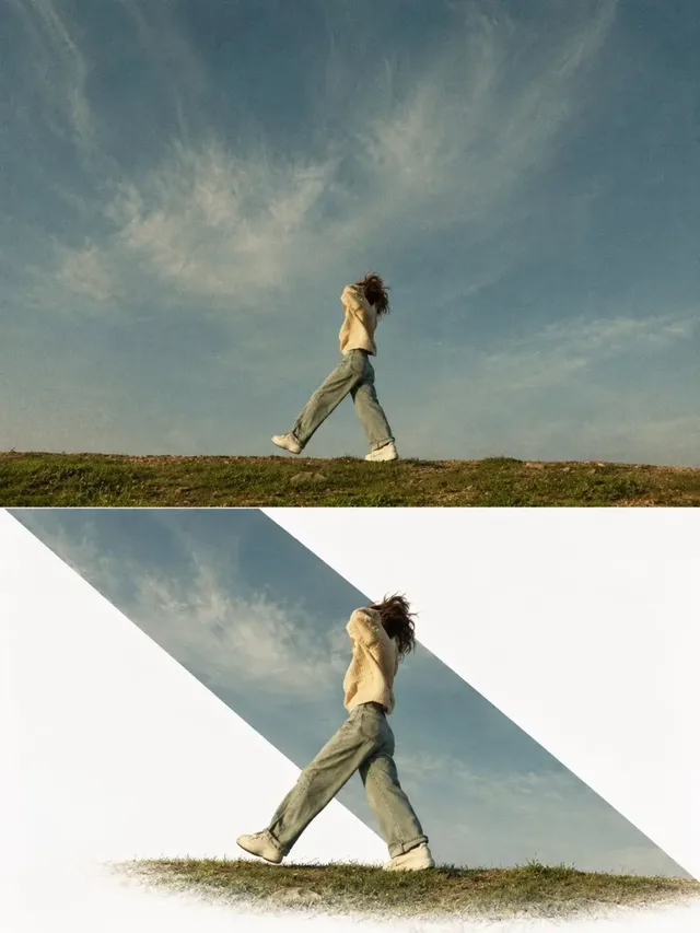 An editorial poster design with a split vertical layout, showing an original photograph in the upper half and a reconstructed subject with a geometric color field in the lower half.