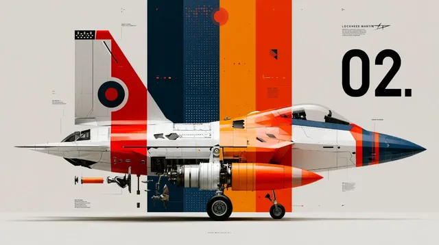 Geometric low-polygon infographic of an F-22 Raptor, with exploded view showing internal parts and labels in bright, vivid colors.