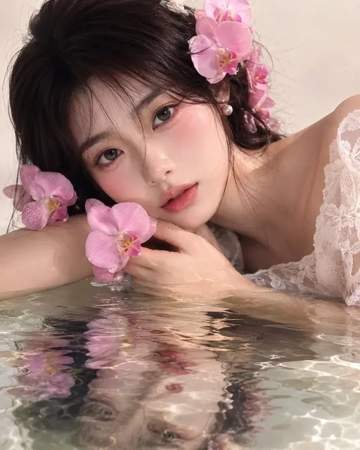 Ultra-realistic cinematic close-up of a beautiful young Japanese woman with fair skin, resting on her side, holding a pink orchid near her chin, with orchids in her hair and a subtle reflection on water.
