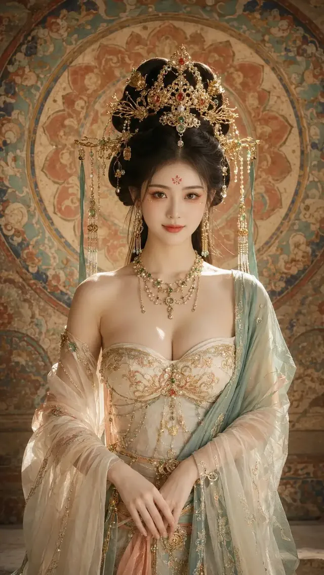 A beautiful 20-year-old Asian woman in a half-body shot, wearing a lavish Dunhuang-inspired floral crown and ancient costume, with makeup and jewelry reflecting the aesthetic of Dunhuang murals. She has a serene expression and her hands are gently clasped. The background is a textured depiction of a Dunhuang cave wall with a circular halo behind her head.