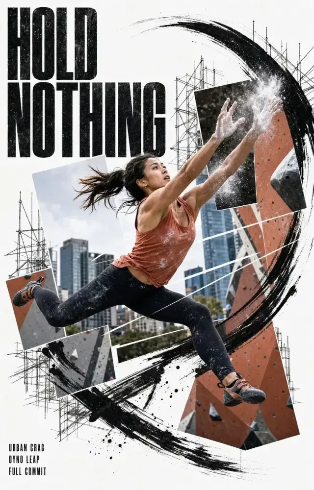 Fragmented action shot of a female rock climber mid-dyno leap between holds, surrounded by speed lines and wireframe scaffolding.