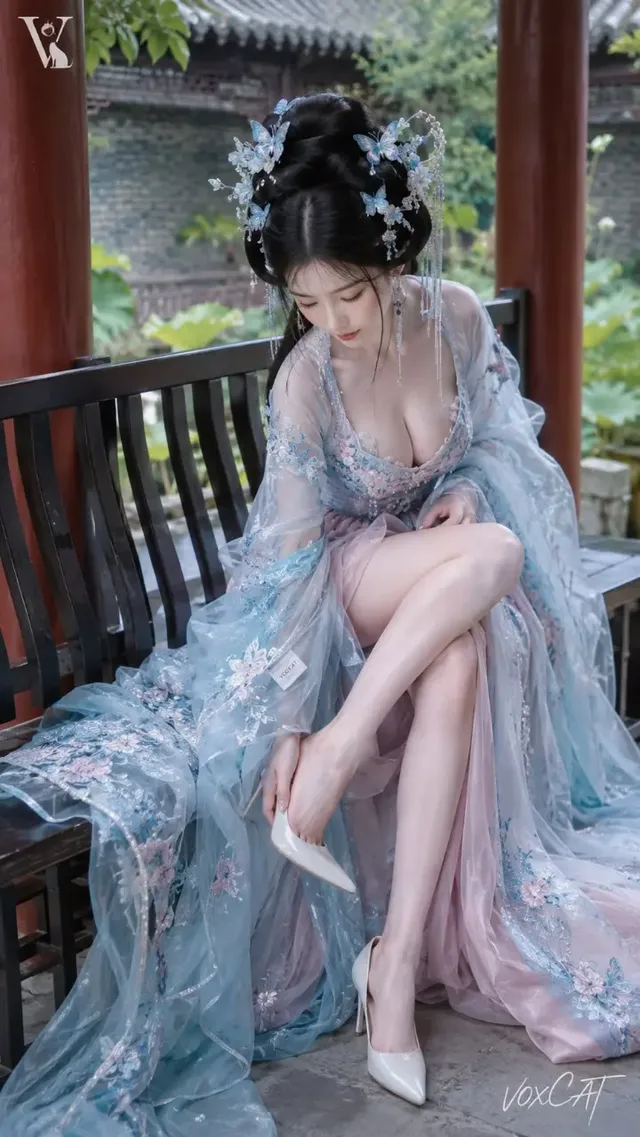 Full-body shot of an adult East Asian woman in a classical Chinese garden, sitting on a bench, wearing a light blue Hanfu with intricate embroidery and a large bun adorned with blue butterflies. She is looking down, adjusting her white stiletto heel on her crossed leg.