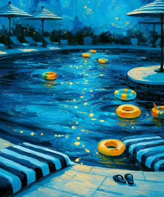 A swimming pool at night with inflatable rings, painted in a style similar to Van Gogh's Starry Night.