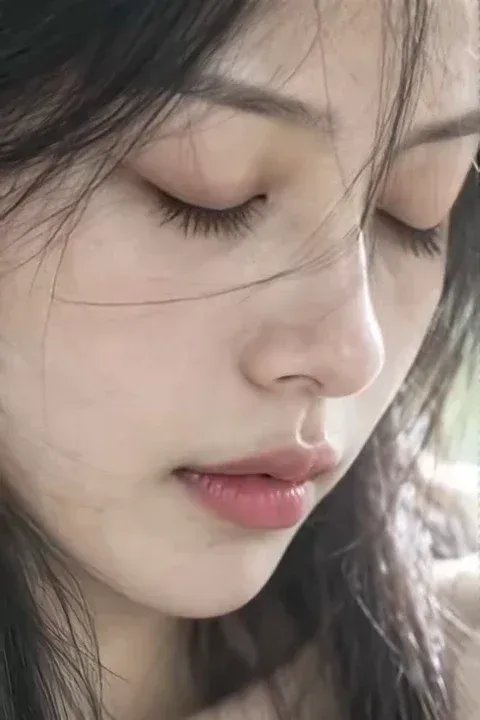Ultra-realistic close-up portrait of an East Asian woman with natural skin texture, minimal makeup, and stray hair strands across her face.