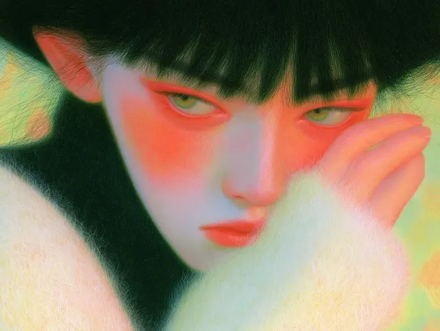A close-up portrait of a person with striking green eyes, vibrant coral blush, and dark hair, partially obscured by their hand, rendered in a soft, ethereal, pastel painterly style.