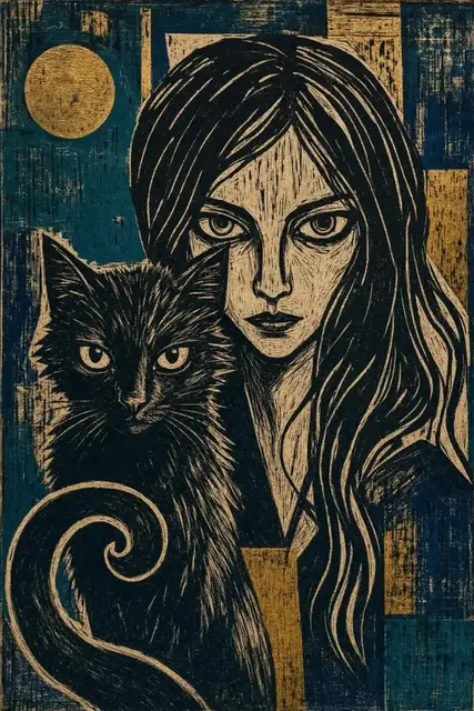 Expressionist linocut print of a young woman with her eyes closed, a black cat curled around her neck, set against a textured teal and gold background.